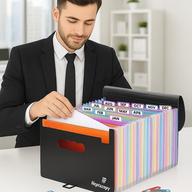 Heptazopy Plastic Accordion File Organizer, 26 Pockets Expandable File Folder Organizer, A4 Letter Size Filing Organizer with Colorful Tabs, Elastic Cord, 60 Paper Clip, Label & Stickers for Office School Home - Image 5